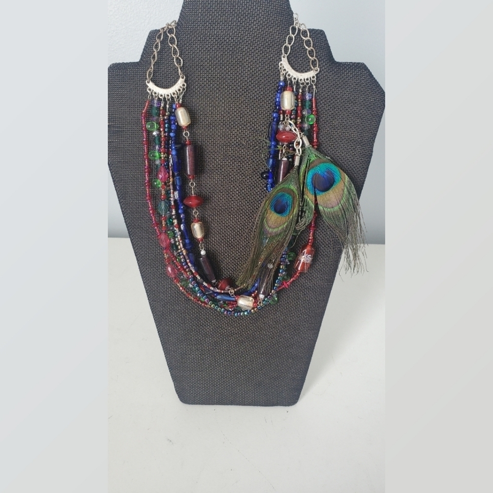 Peacock Feather Multi Strand Multicolored Beaded Necklace Boho Hippie Festival